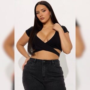Fashion Nova Curve Black Wrap Crop Top - Stylish V-Neck Short Sleeve